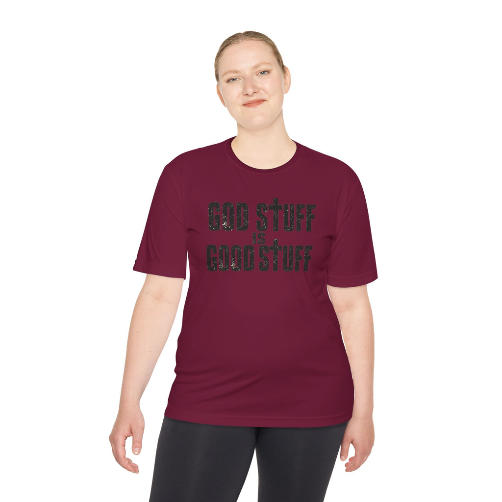 Christian Tee — "God Stuff Is Good Stuff" Psalm 34:8 Cross Graphic Moisture-Wicking Shirt