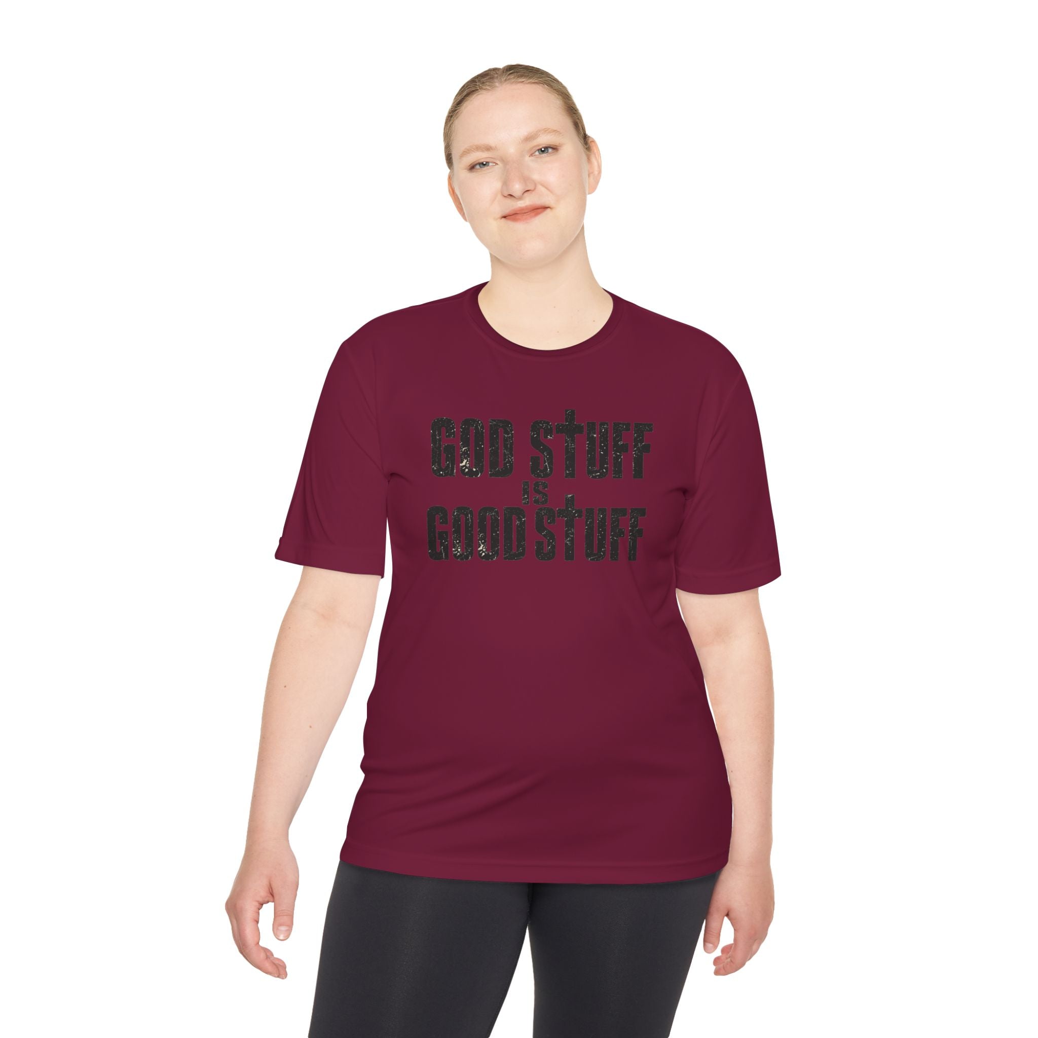 Christian Tee — "God Stuff Is Good Stuff" Psalm 34:8 Cross Graphic Moisture-Wicking Shirt