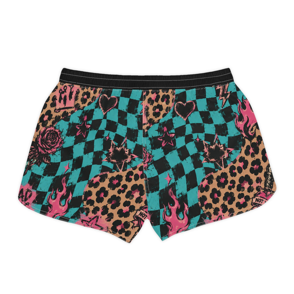 Checkerboard Leopard Flame Patterned Women's Casual Shorts — 'Don't Care' Graphic