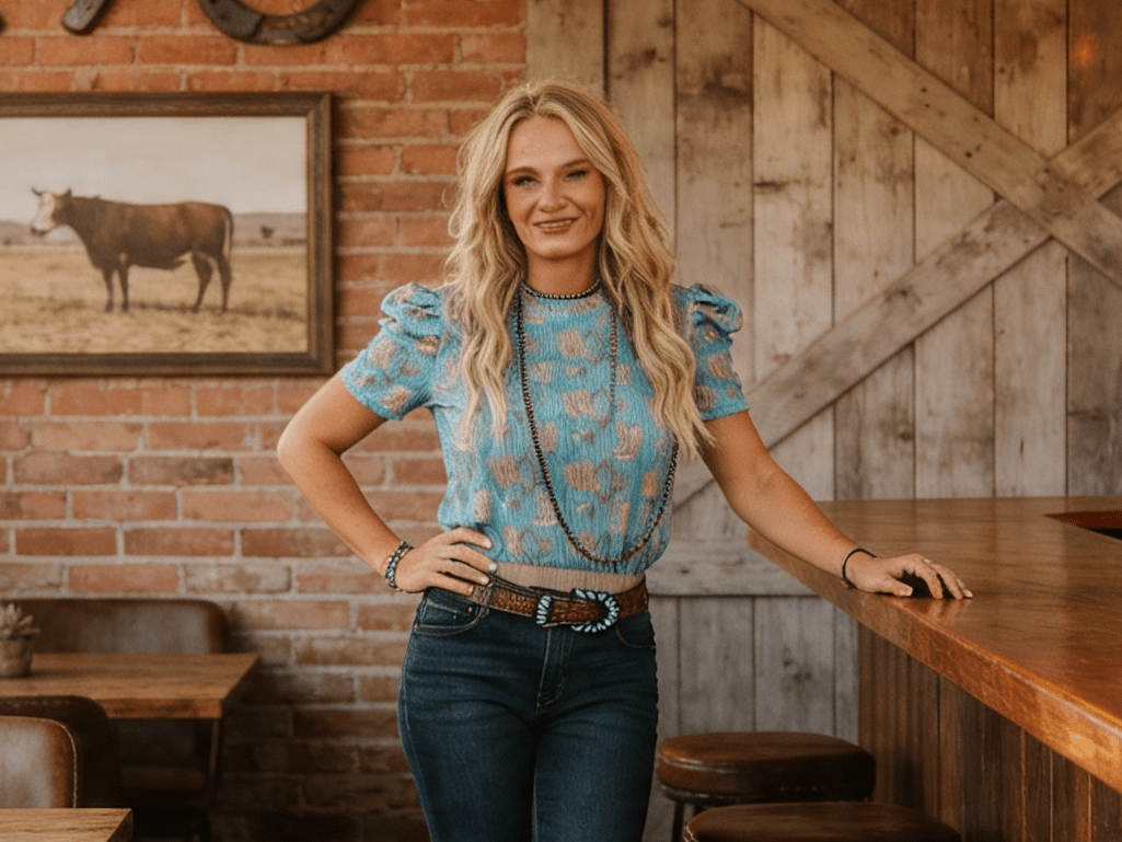 Turquoise Boots Printed Puff Short Sleeve Top